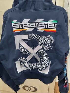 Off-White Navy Hoodie with Silver Snake and Multicolor Stripe